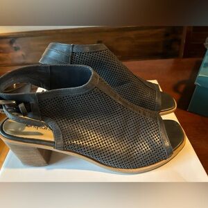 Navy Perforated Leather Peep Toe Heels